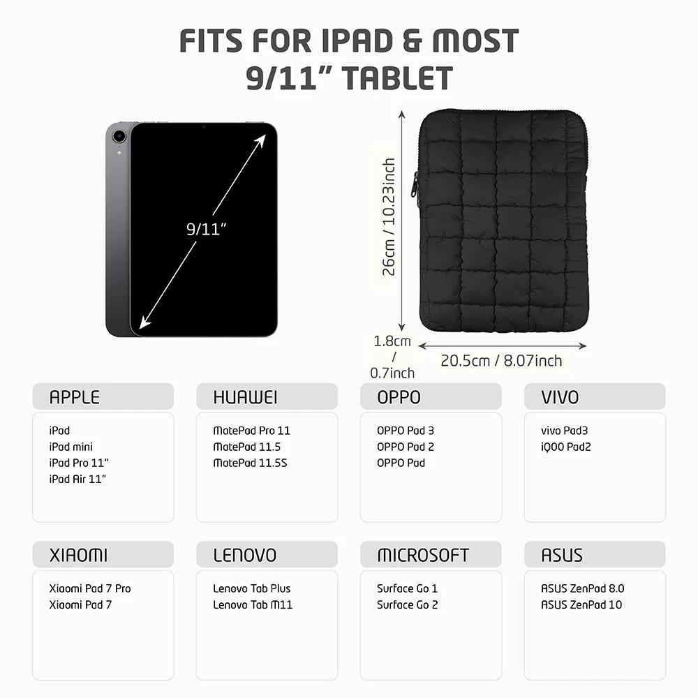 Puffy Quilted Laptop Bag Sleeve 11-15.6 Inch — Protective Notebook Cover for MacBook Air/Pro, iPad, Lenovo, HP