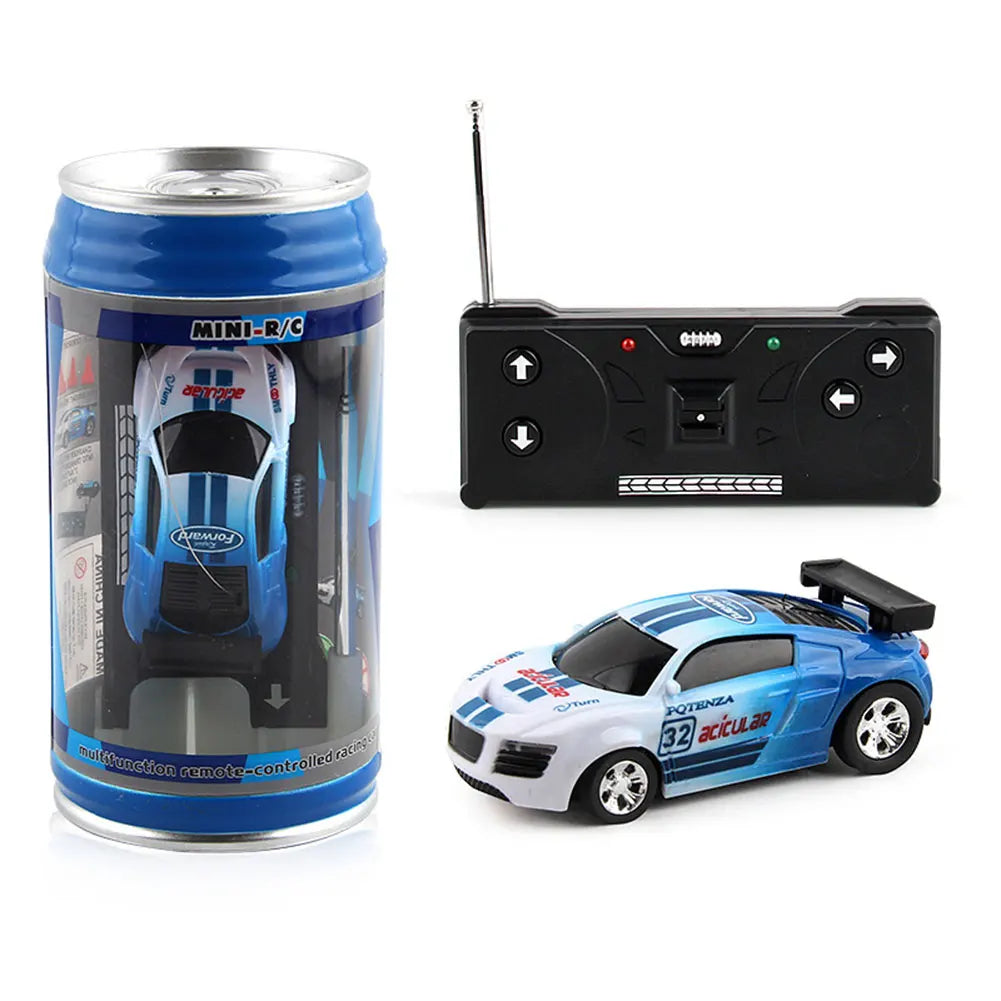 Coke Can Mini RC Car — Battery-Operated Plastic Remote Control Racing Vehicle with Roadblocks, Micro Racing Toy for Kids & Boys