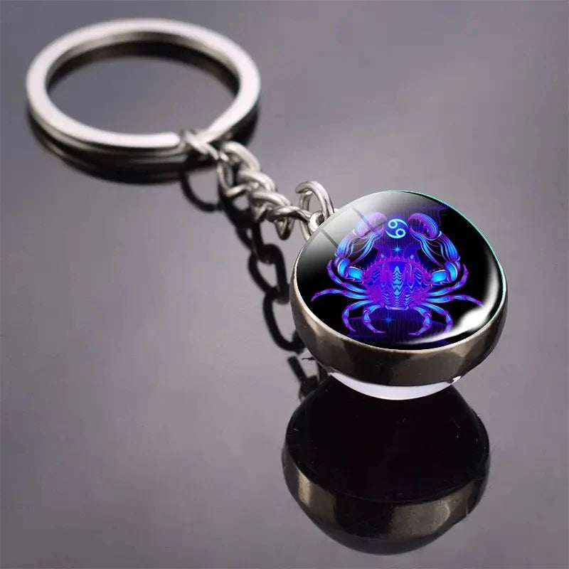 S12 Constellation Keychain – Luminous Double-Sided Zodiac Glass Ball Pendant for Men & Women
