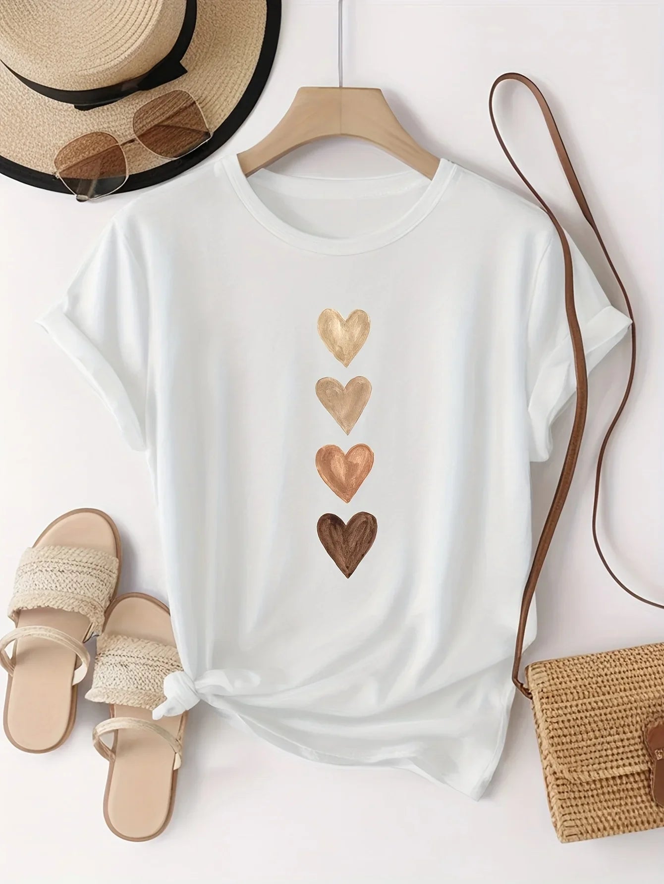 Women’s Four Heart Graphic T-Shirt - Casual Short Sleeve Round Neck Stretch Tee in Black & Gold Print