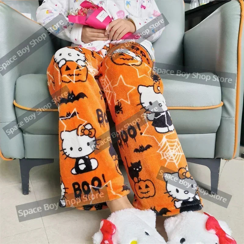 Thick Hello Kitty Fleece Pajama Pants – Soft Double Elastic Anime Trousers for Women, Cute Sanrio Birthday Gift