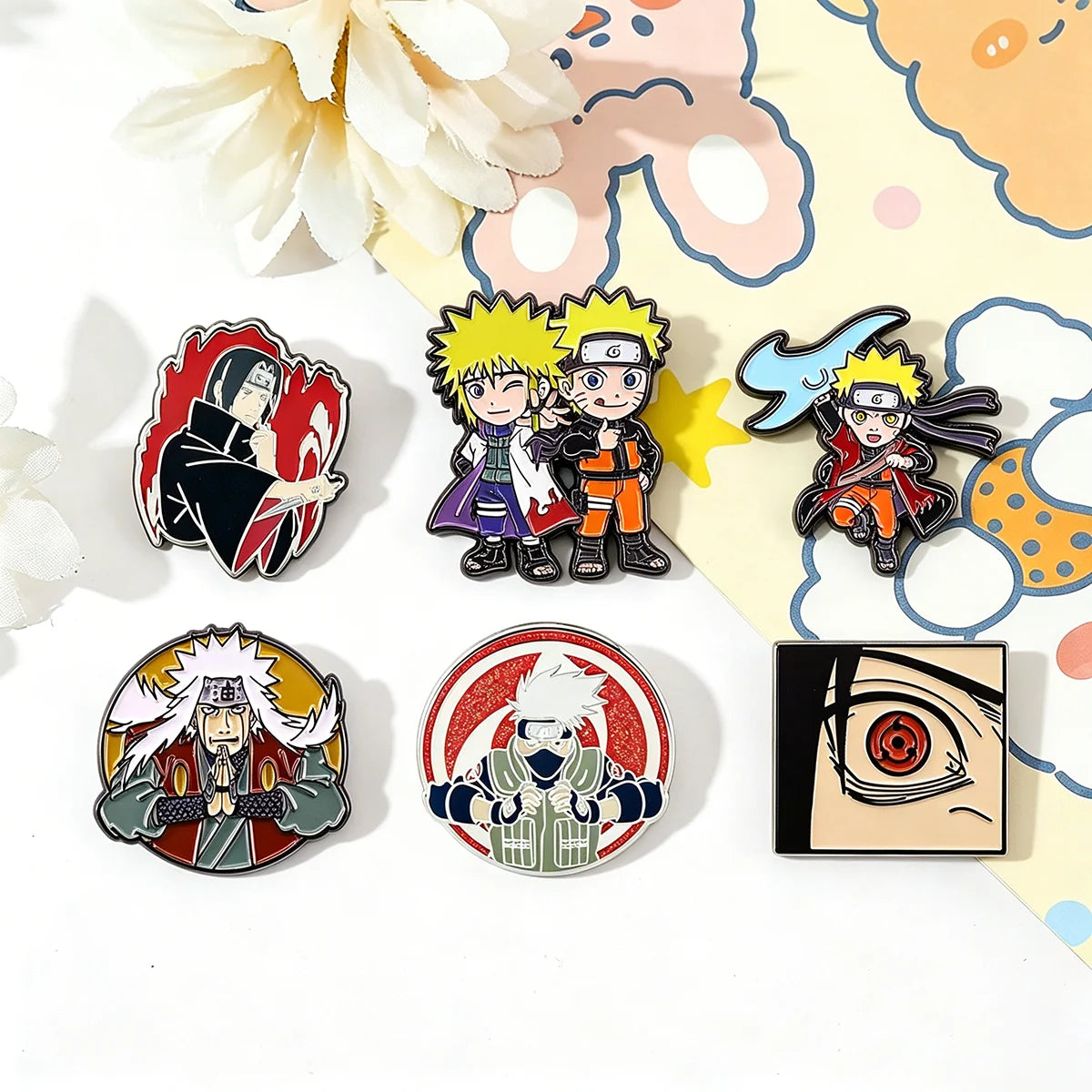 6PCS Anime Character Enamel Pins - Itachi, Kakashi and Jiraiya Metal Lapel Badges for Cosplay and Fan Collectibles