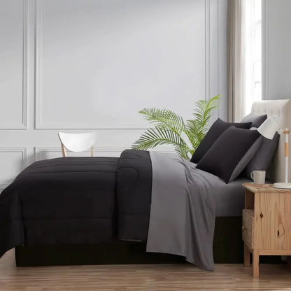 Black 7-Piece Bedding Set - Comforter, Sheets, Shams, Pillowcases, Reversible King Size, Easy Care Polyester