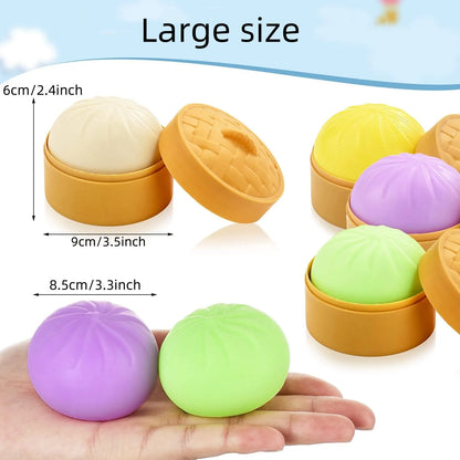 Colorful Dumpling Squishy Stress Balls – Fidget Sensory Toy, Food Simulation Bun with Steamer, Squeeze Dough Ball Gift