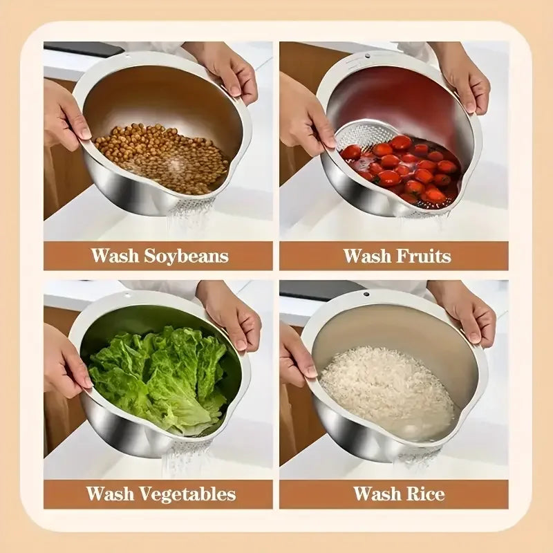 Stainless Steel 304 Rice Washer Strainer Bowl – Multi-Use Sieve Colander for Fruit, Vegetables and Kitchen Tools