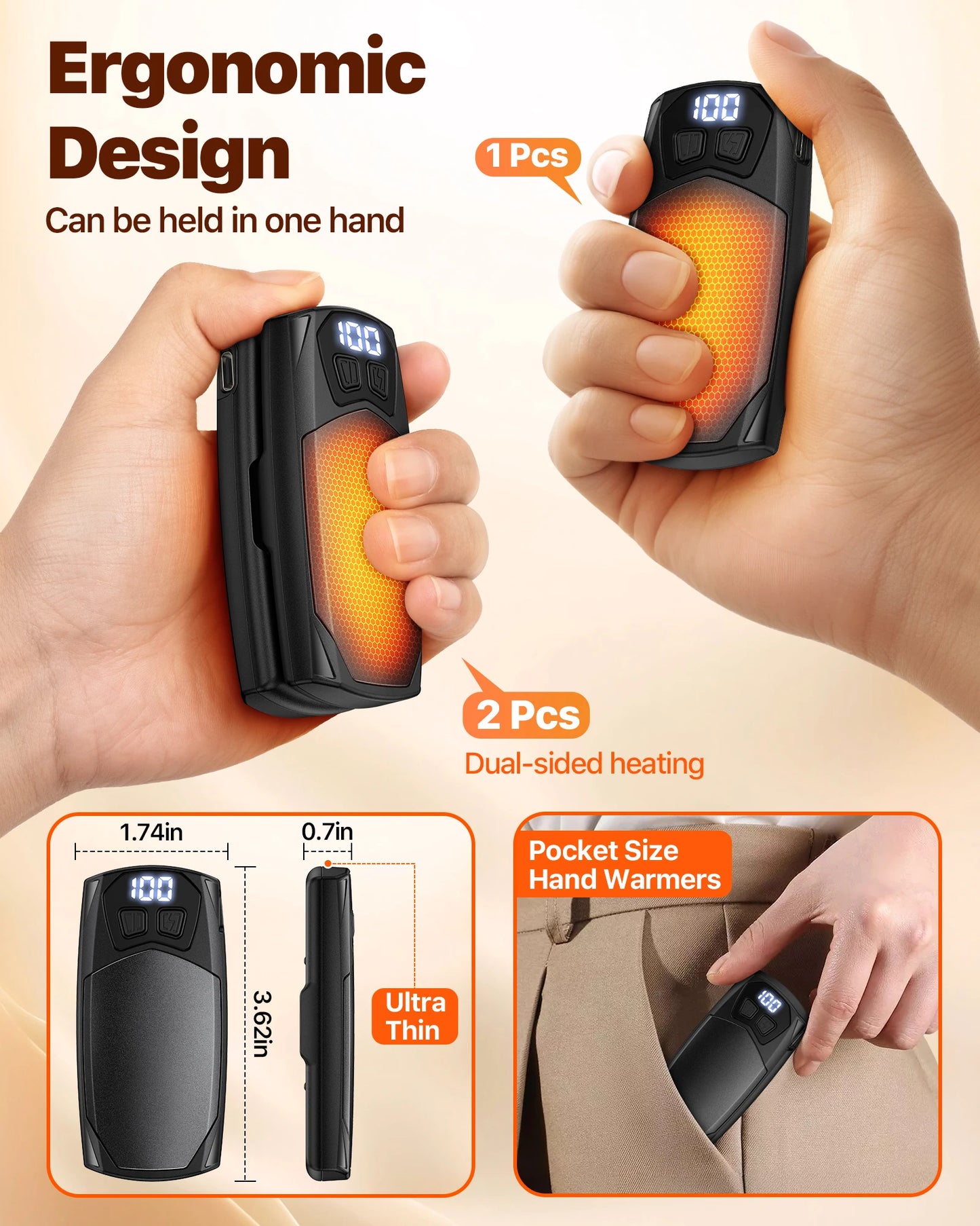 Rechargeable Hand Warmers 2-Pack – 3000mAh Each, Fast-Heating Portable Electric Pocket Heater for Outdoor Camping