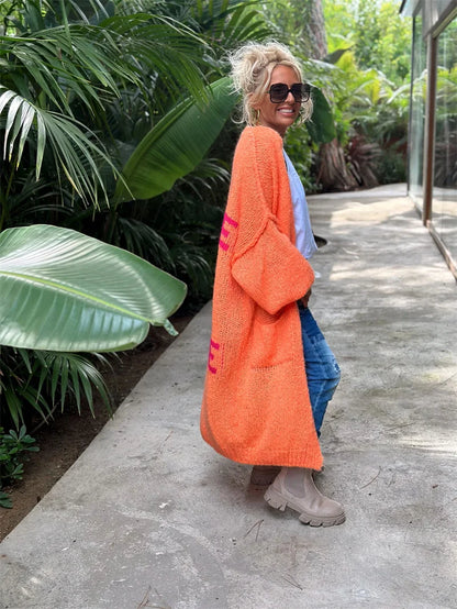 2024 Women’s Knitted Striped Cardigan – Elegant Loose Long Outerwear, Y2K Sweater Coat, Soft Cover-Up for Fashion Streetwear