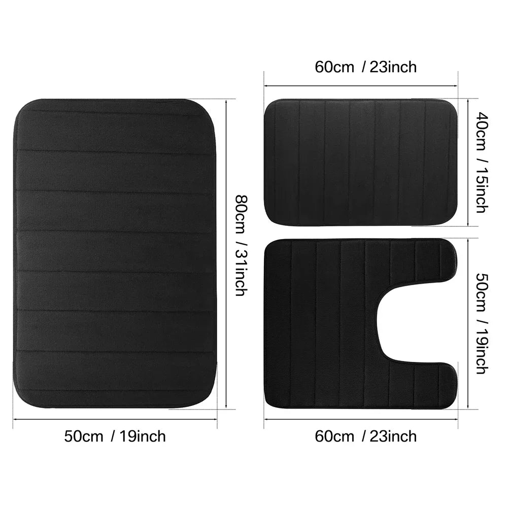 3PC Set Non-Slip Memory Foam Bath Mats - Soft, Water Absorbent, Quick-Dry, Machine Washable Floor Rugs