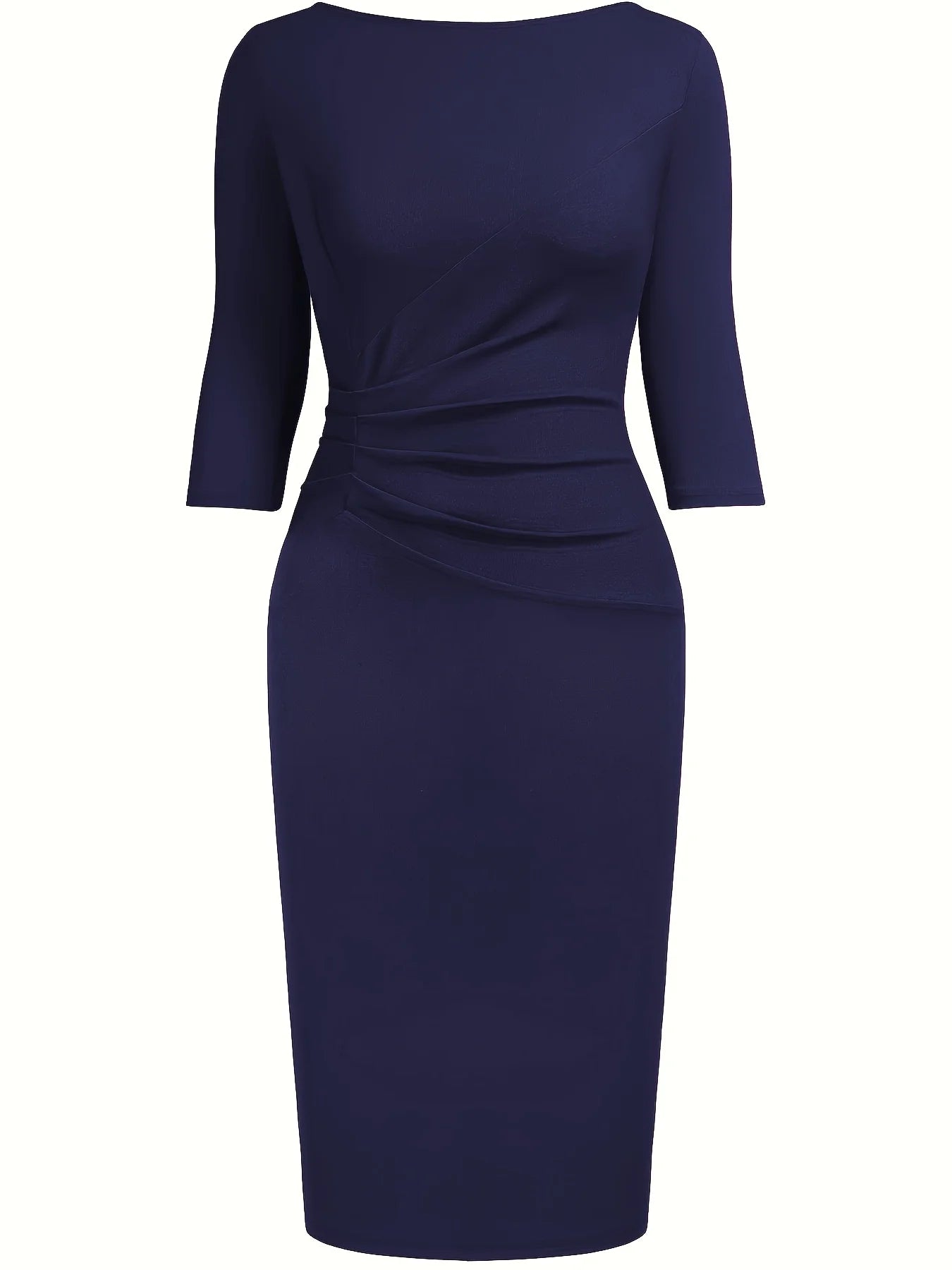 Women’s Elegant Bodycon Sheath Dress - 2/3 Sleeve Round Neck Knee Length Business Casual Office & Party Ruched Dress