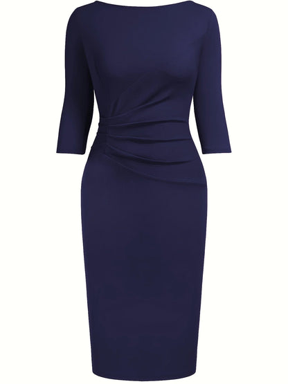 Women’s Elegant Bodycon Sheath Dress - 2/3 Sleeve Round Neck Knee Length Business Casual Office & Party Ruched Dress