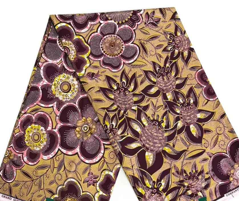 Grand Super African Wax Fabric - 100% Cotton Nigerian Glitter Glam Gold Ankara Print for Sewing