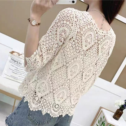 Women's Knit Lace Shrug – Hollow Crochet Floral 3/4 Sleeve Open Front Crop Cardigan F3MD