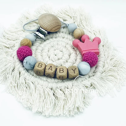DIY Custom Name Silicone Beads & Wooden Ring Pacifier Clip – Safe Baby Teether, Eco-Friendly Dummy Chain Gift