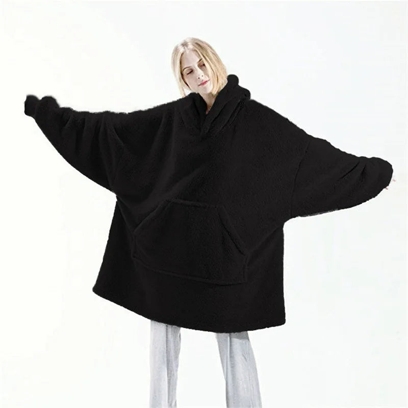 Women’s Winter Hooded Fleece Jacket – Thick, Warm, Solid Color Pullover with Pockets, Elegant Unisex Long Hoodie for Home Wear