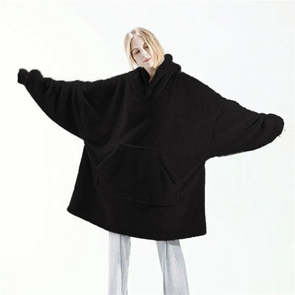 Women’s Winter Hooded Fleece Jacket – Thick, Warm, Solid Color Pullover with Pockets, Elegant Unisex Long Hoodie for Home Wear