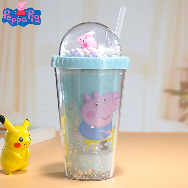 450ML Peppa Pig Plastic Water Bottle – Double-Layer Tumbler with Straw, George Pig Design, Gift for Girls