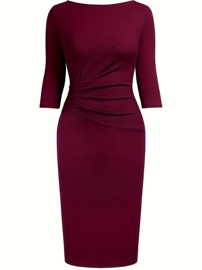 Women’s Elegant Bodycon Sheath Dress - 2/3 Sleeve Round Neck Knee Length Business Casual Office & Party Ruched Dress