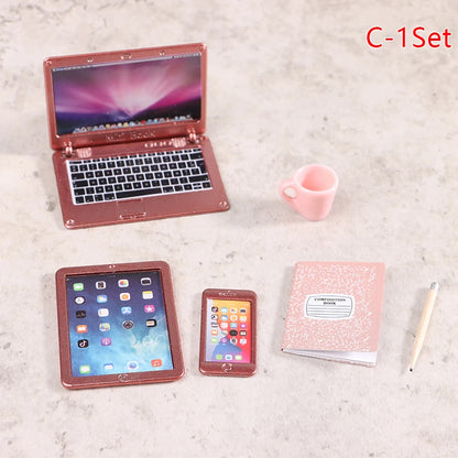 6–7PCS 1:12 Dollhouse Miniature Study Desk Set — Laptop, Phone, Tablet, Lamp & Books Scene Decor
