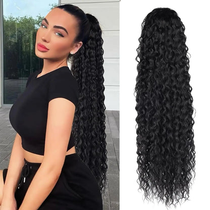 24" Long Curly Wave Drawstring Ponytail Extension – Heat Resistant Synthetic Clip-In Hairpiece for Women & Girls