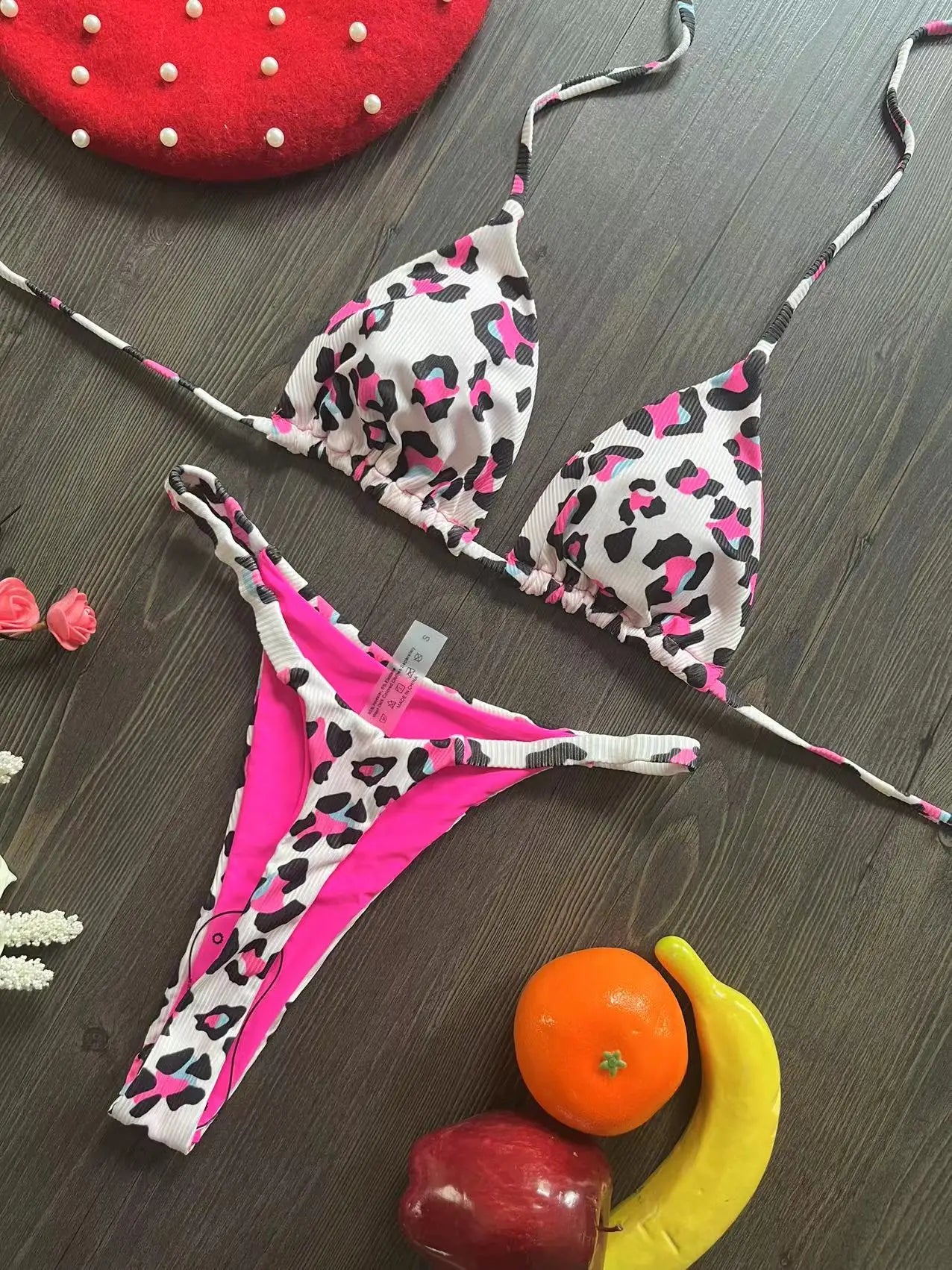 Women’s Cherry Print Bikini Set – Brazilian Thong Two-Piece Swimwear, Sexy Beach Bathing Suit