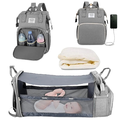 3-in-1 Diaper Bag Backpack – Waterproof Travel Bag with Foldable Baby Bed & USB Charging