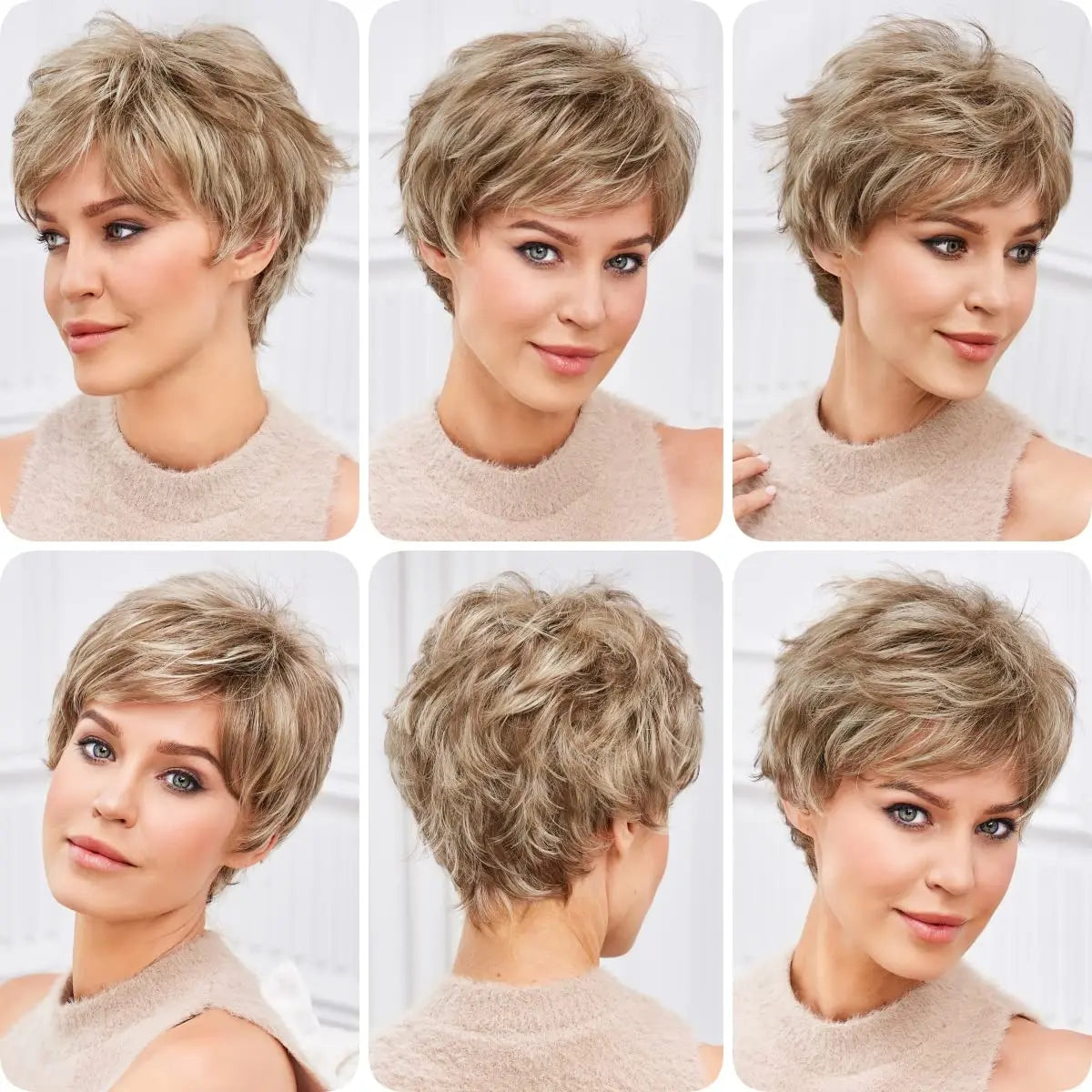 Light Blonde Mixed Off-White Pixie Cut Wig for Women – Bangs with Kanekalon Human-Hair-Like Texture, Natural Layered Hair