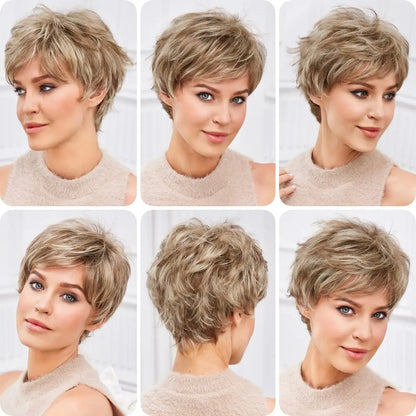 Light Blonde Mixed Off-White Pixie Cut Wig for Women – Bangs with Kanekalon Human-Hair-Like Texture, Natural Layered Hair