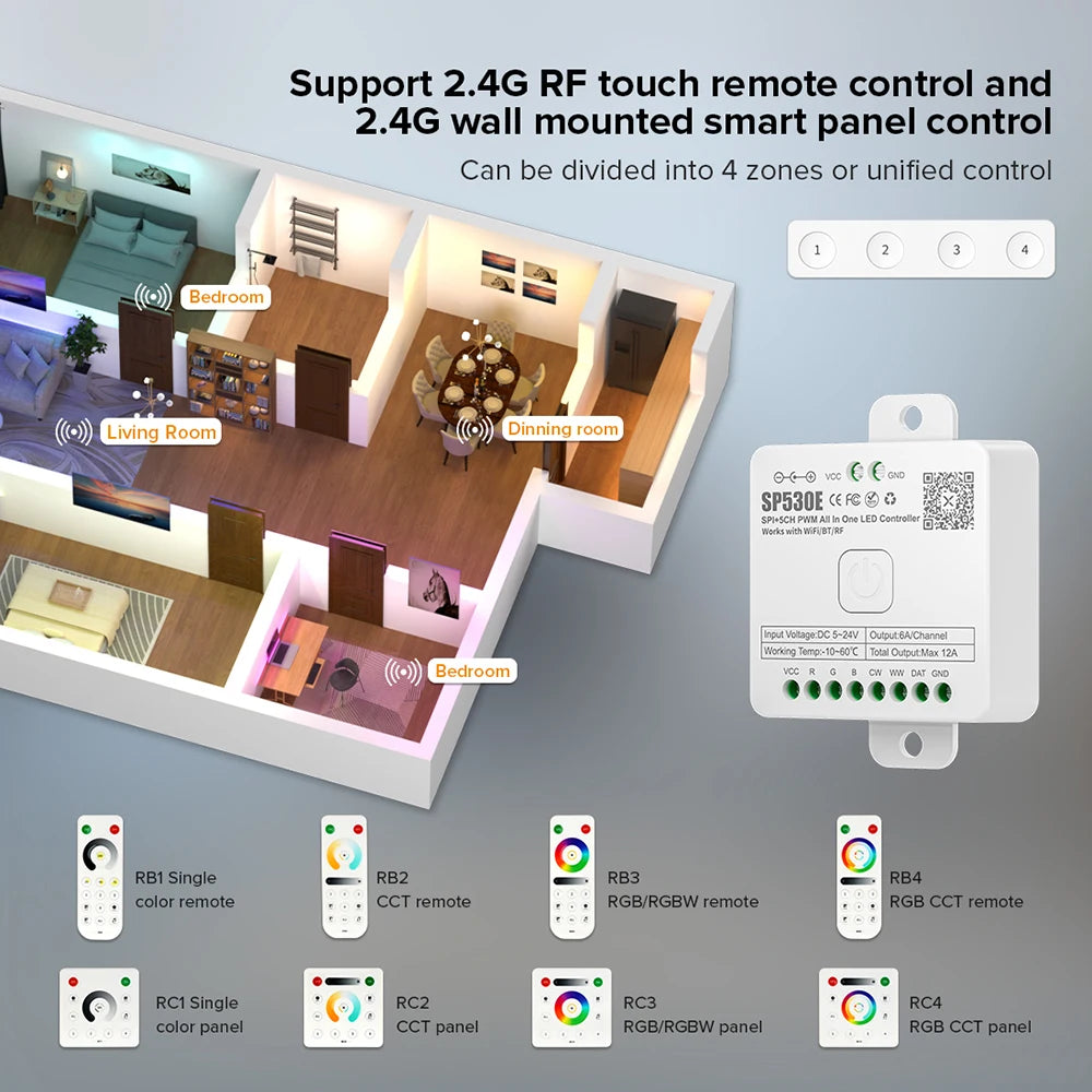SP530E/SP630E All-in-One WiFi LED Controller, 5CH PWM SPI Pixel LED Strip Control, Compatible with WS2811 WS2812B SK6812 FCOB, Alexa & Google Home Support, Bluetooth Smart Lighting Module