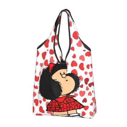 Anime Mafalda Cartoon Grocery Tote Bag – Large Capacity Fashion Shopper Shoulder Handbag, Portable Kawaii Canvas Bag for Everyday Use