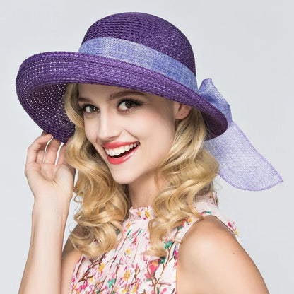 Women’s Summer Bow Ribbon Panama Hat – Beach Straw Cap Bonnet, Stylish Sun Hat for Women