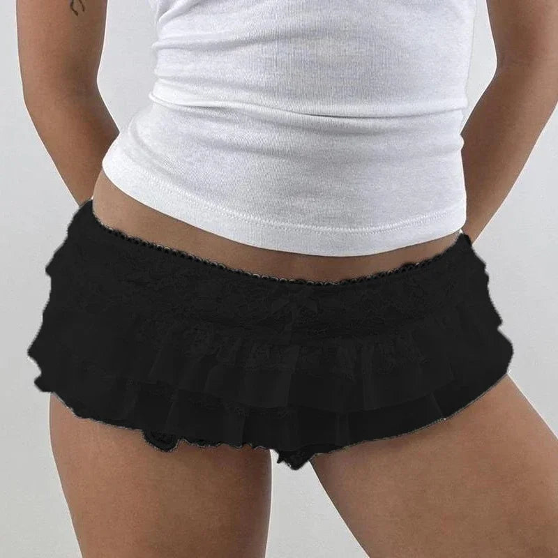 Y2K Ruffle Bloomers Shorts - Frilly Layered Lace Micro Shorts with Bow Waistband