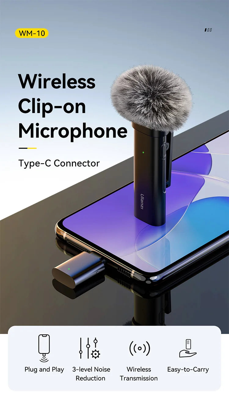 Ulanzi WM-10 Wireless Lavalier Microphone – 1-to-1 USB-C Mic for Android & iPhone, Windproof Sponge for Live Streaming & Recording