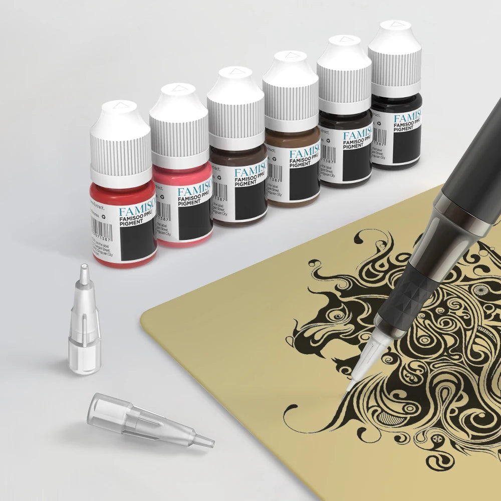 FAMISOO Professional Permanent Makeup Tattoo Machine Kit – Eyebrow, Eyeliner, Lip & Body with 6 Pigment Needles