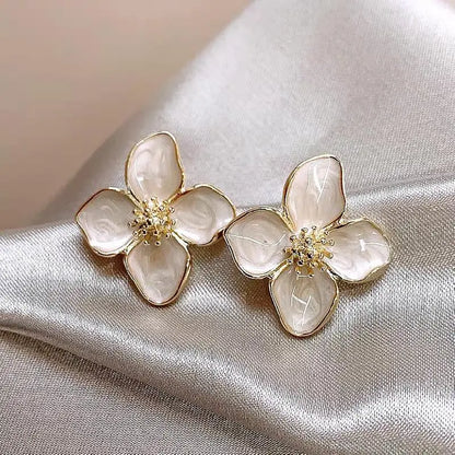 Hibiscus Flower Dropped Glaze Stud Earrings — French Vintage 2024 Fashion Jewelry for Women & Girls, Romantic Wedding Gift