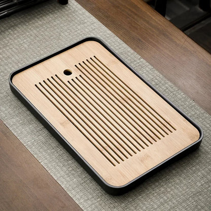 Square Bamboo Tea Tray with Drainage — Elegant Kung Fu Tea Set Tablett for Adults, Simple Chaban Tray for Tea Parties