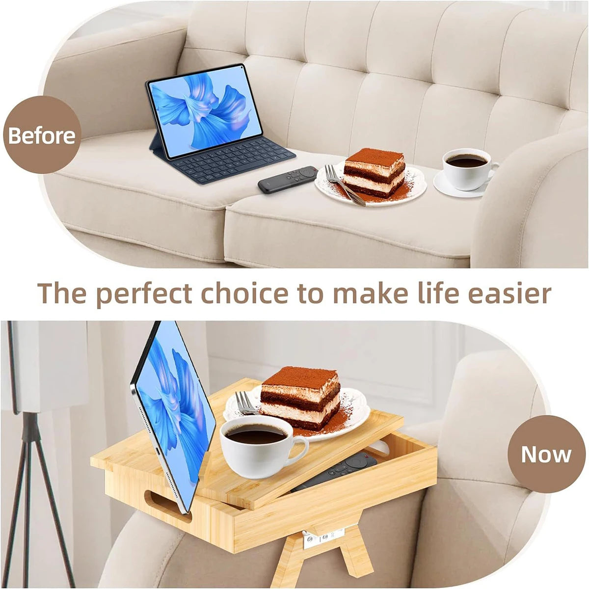 Sofa Armrest Tray with Storage Box – Bamboo Couch Arm Table with 360° Rotating Top & Phone Stand