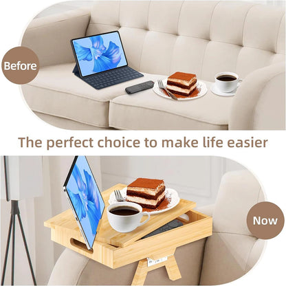 Sofa Armrest Tray with Storage Box – Bamboo Couch Arm Table with 360° Rotating Top & Phone Stand