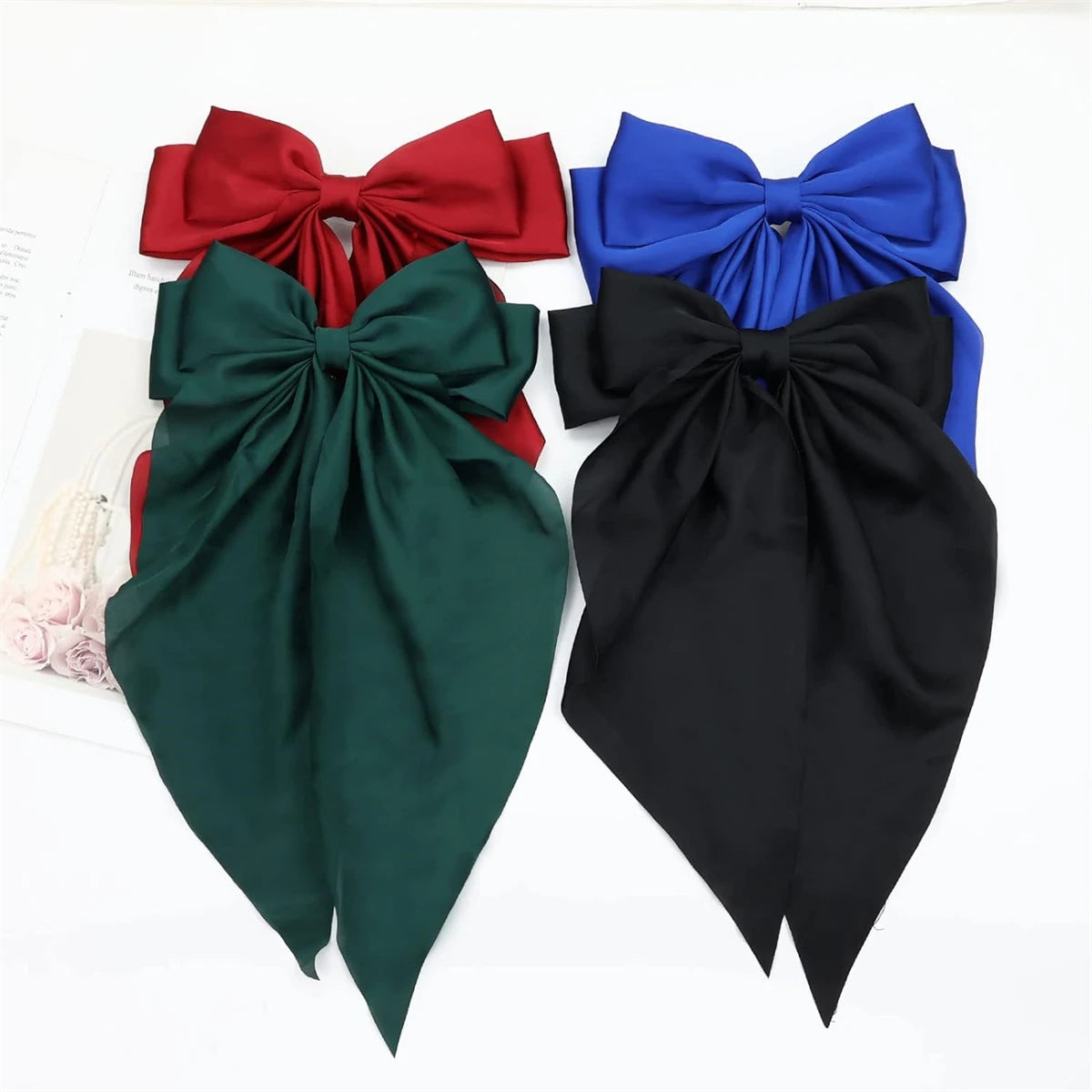 8 Ladies Satin Ribbon Bow Hair Clips – Oversized White, Pink, Red, Blue, Black Long Tail, Spring Clip for Ponytail Hair Accessories