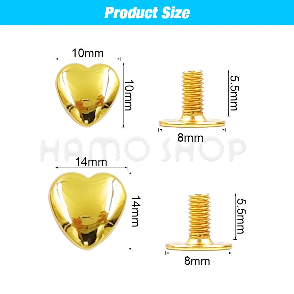 10 Set Heart-Shaped Metal Screwback Rivets 10/14mm – Screw Studs for Leathercraft, Garments, Belts & Bags