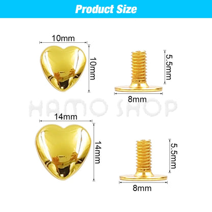 10 Set Heart-Shaped Metal Screwback Rivets 10/14mm – Screw Studs for Leathercraft, Garments, Belts & Bags