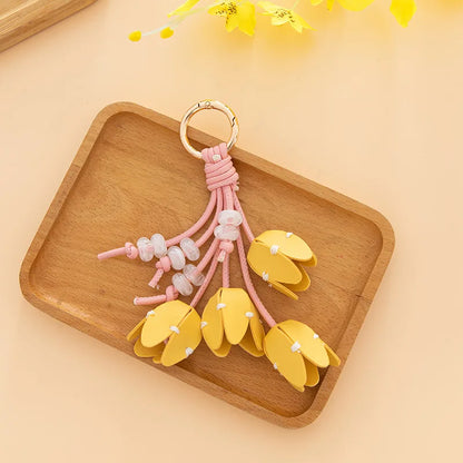 Genuine Leather Flower Bag Pendant Keychain – Original Handmade Osmanthus & Tulip Design, Exquisite Floral Charm for Bags & Accessories