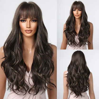 Brown Wavy Long Wig for Women with Bangs — Natural-Look Synthetic Hair, Heat-Resistant for Daily & Cosplay