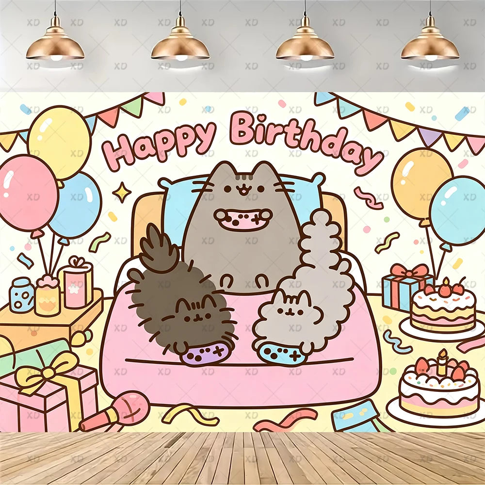 Cute Cat Birthday Party Decorations - Kawaii Balloon Set, Cake Toppers, Bunting Banner, and Party Backdrop Supplies
