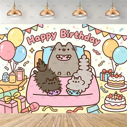 Cute Cat Birthday Party Decorations - Kawaii Balloon Set, Cake Toppers, Bunting Banner, and Party Backdrop Supplies