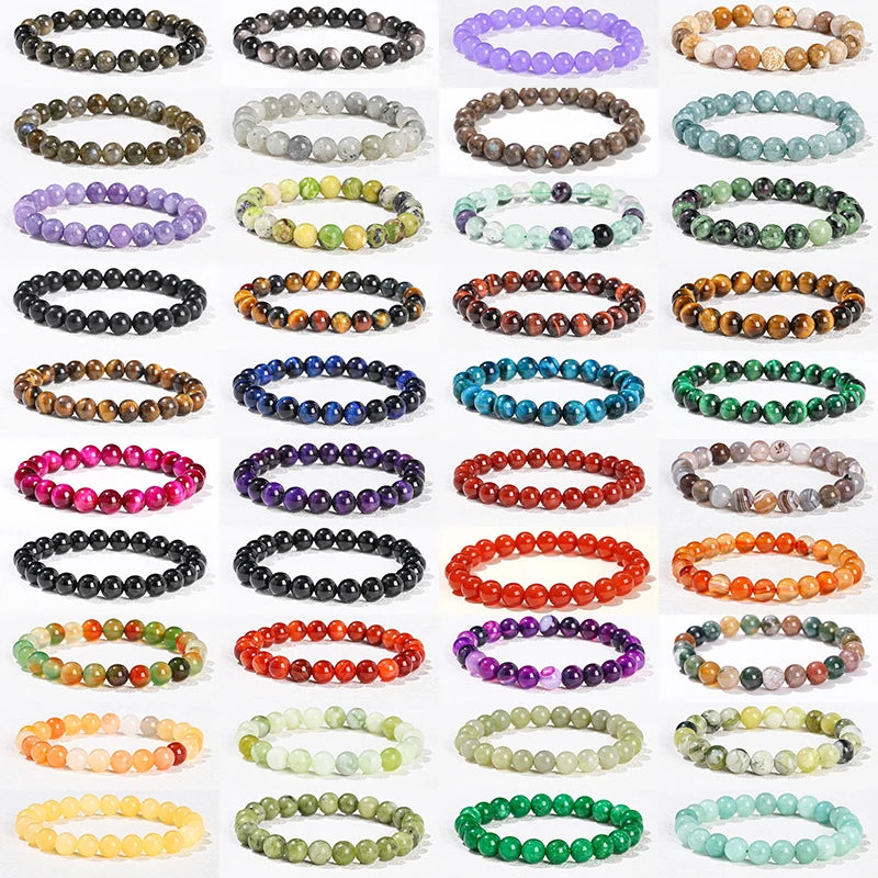 Natural Stone Beaded Bracelet - Obsidian, Fluorite & Quartz Healing Stretch Jewelry for Men & Women