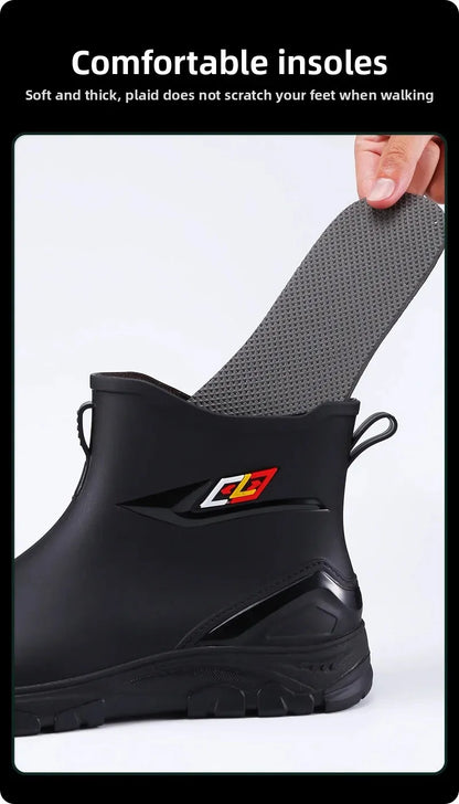 Men’s Ankle-High Fleece-Lined Rain Boots – Waterproof, Anti-Slip, Wear-Resistant Work & Fishing Shoes