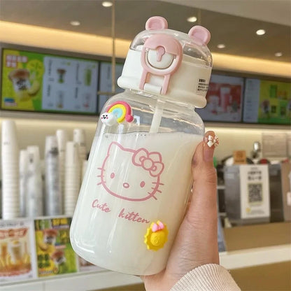 Sanrio Anime Transparent Straw Cup – Hello Kitty & Pochacco 500ML Plastic Water Cup with Handle for Students