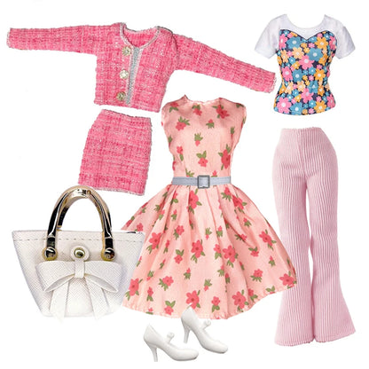Elegant 1/6 Doll Outfit – Pink Houndstooth Dress, Hat, Gold Belt, Handbag & Shoes Set