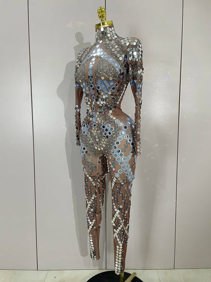 Sexy Shiny Silver Sequin & Black Spandex Jumpsuit — 2025 Women’s Prom, Dancer & Stage Performance Costume