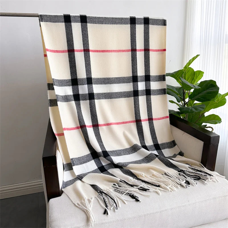 Luxury Brand Winter Plaid Cashmere-Like Blanket Scarf - Thick Warm Pashmina Shawl Wrap with Tassels, Poncho Stoles Echarpe